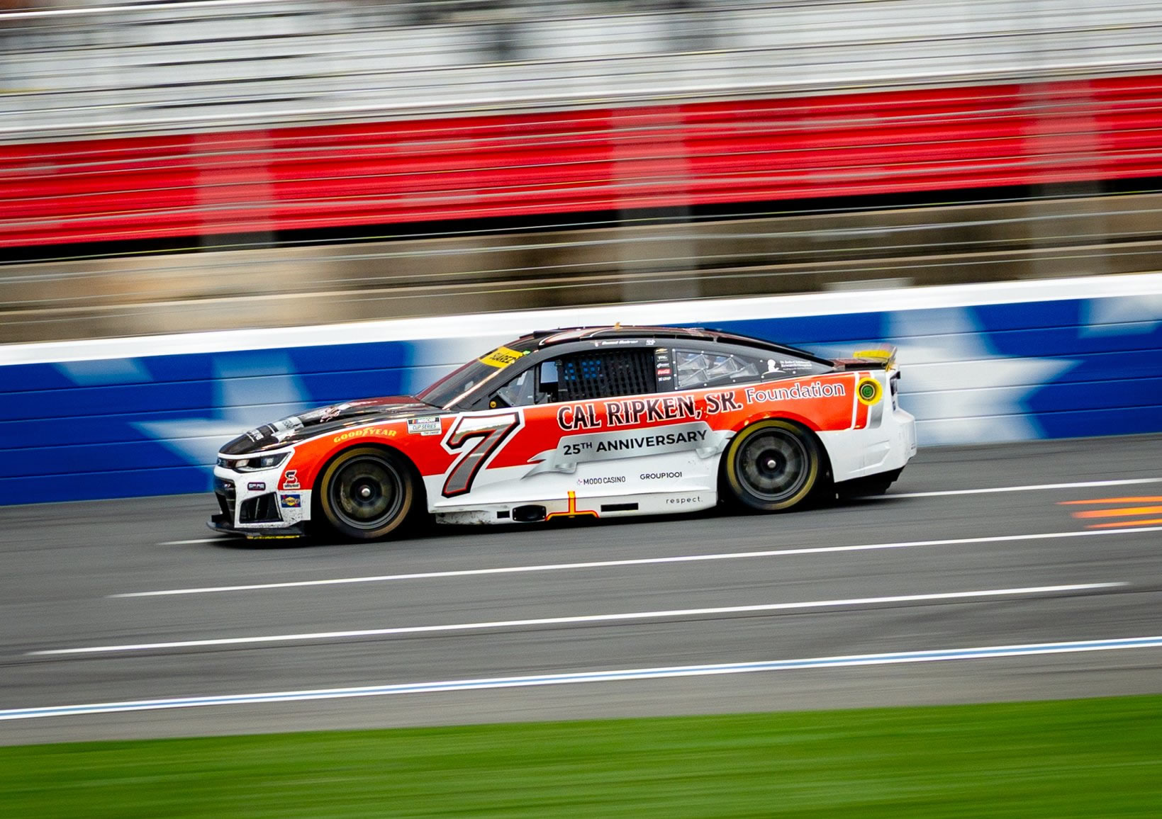 CONCORD, NORTH CAROLINA - OCTOBER 11: Daniel Suarez, driver of the #7 Cal Ripken Sr Foundation Chevrolet, drives during the NASCAR Cup Series Bank of America 400 at Charlotte Motor Speedway on October 11, 2026 in Concord, North Carolina. (Photo from Spire Motorsports)