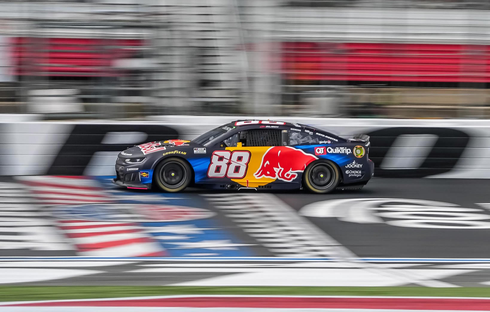 CONCORD, NORTH CAROLINA - OCTOBER 11: Connor Zilisch, driver of the #88 Red Bull Chevrolet, drives during the NASCAR Cup Series Bank of America 400 at Charlotte Motor Speedway on October 11, 2026 in Concord, North Carolina. (Photo from Trackhouse Racing)