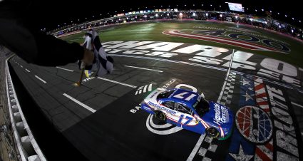 CONCORD, NORTH CAROLINA - OCTOBER 11: Corey Day, driver of the #17 HendrickCars.com Chevrolet, takes the checkered flag to win the NASCAR O'Reilly Auto Parts Series Blue Cross NC 300 at Charlotte Motor Speedway on October 11, 2026 in Concord, North Carolina. (Photo by Jared C. Tilton/Getty Images) | Getty Images