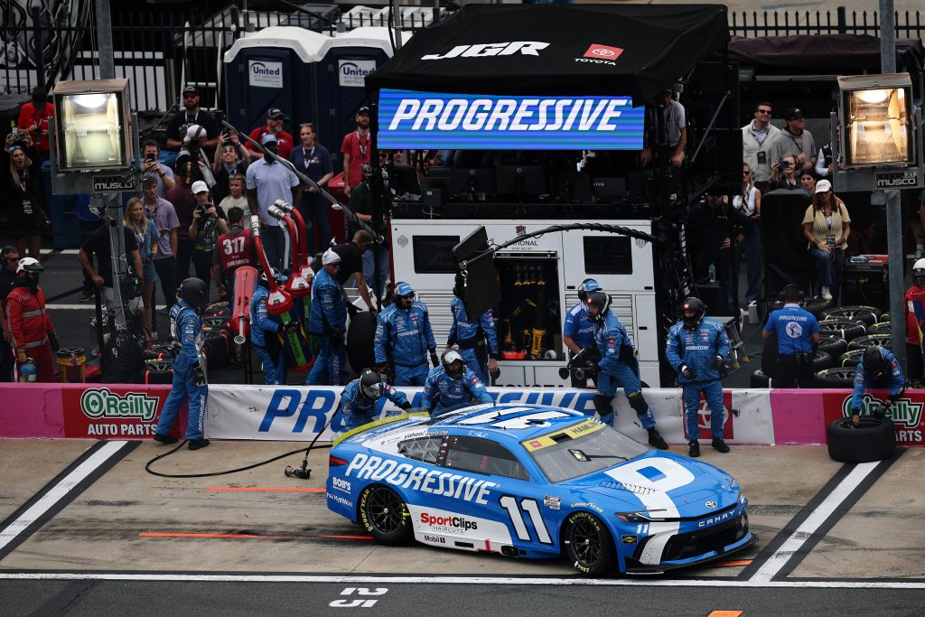CONCORD, NORTH CAROLINA - OCTOBER 11: Denny Hamlin, driver of the #11 Progressive Insurance Toyota, exits pit road during the NASCAR Cup Series Bank of America 400 at Charlotte Motor Speedway on October 11, 2026 in Concord, North Carolina. (Photo by Jared C. Tilton/Getty Images) | Getty Images