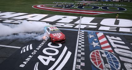 CONCORD, NORTH CAROLINA - OCTOBER 11: Chase Briscoe, driver of the #19 Freebird Spring Water Toyota, celebrates with a burnout after winning the NASCAR Cup Series Bank of America 400 at Charlotte Motor Speedway on October 11, 2026 in Concord, North Carolina. (Photo by David Jensen/Getty Images) | Getty Images