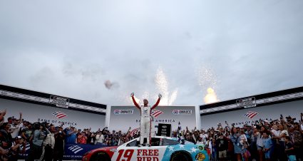CONCORD, NORTH CAROLINA - OCTOBER 11: Chase Briscoe, driver of the #19 Freebird Spring Water Toyota, celebrates in victory lane after winning the NASCAR Cup Series Bank of America 400 at Charlotte Motor Speedway on October 11, 2026 in Concord, North Carolina. (Photo by Jared C. Tilton/Getty Images) | Getty Images