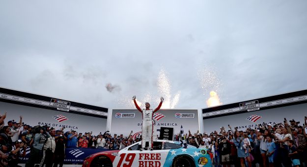 CONCORD, NORTH CAROLINA - OCTOBER 11: Chase Briscoe, driver of the #19 Freebird Spring Water Toyota, celebrates in victory lane after winning the NASCAR Cup Series Bank of America 400 at Charlotte Motor Speedway on October 11, 2026 in Concord, North Carolina. (Photo by Jared C. Tilton/Getty Images) | Getty Images