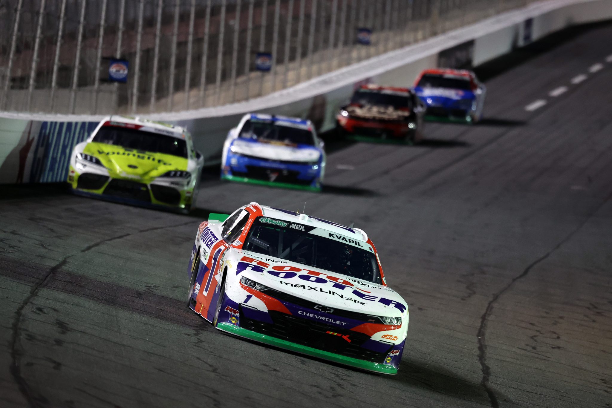 CONCORD, NORTH CAROLINA - OCTOBER 11: Carson Kvapil, driver of the #1 Roto-Rooter Chevrolet, drives during the NASCAR O'Reilly Auto Parts Series Blue Cross NC 300 at Charlotte Motor Speedway on October 11, 2026 in Concord, North Carolina. (Photo by David Jensen/Getty Images) | Getty Images