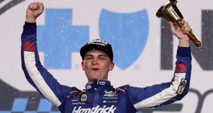 CONCORD, NORTH CAROLINA - OCTOBER 11: Corey Day, driver of the #17 HendrickCars.com Chevrolet, celebrates in victory lane after winning the NASCAR O'Reilly Auto Parts Series Blue Cross NC 300 at Charlotte Motor Speedway on October 11, 2026 in Concord, North Carolina. (Photo by David Jensen/Getty Images) | Getty Images