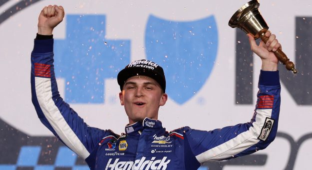 CONCORD, NORTH CAROLINA - OCTOBER 11: Corey Day, driver of the #17 HendrickCars.com Chevrolet, celebrates in victory lane after winning the NASCAR O'Reilly Auto Parts Series Blue Cross NC 300 at Charlotte Motor Speedway on October 11, 2026 in Concord, North Carolina. (Photo by David Jensen/Getty Images) | Getty Images