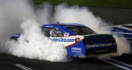 CONCORD, NORTH CAROLINA - OCTOBER 11: Corey Day, driver of the #17 HendrickCars.com Chevrolet, celebrates with a burnout after winning the NASCAR O'Reilly Auto Parts Series Blue Cross NC 300 at Charlotte Motor Speedway on October 11, 2026 in Concord, North Carolina. (Photo by Jared C. Tilton/Getty Images) | Getty Images