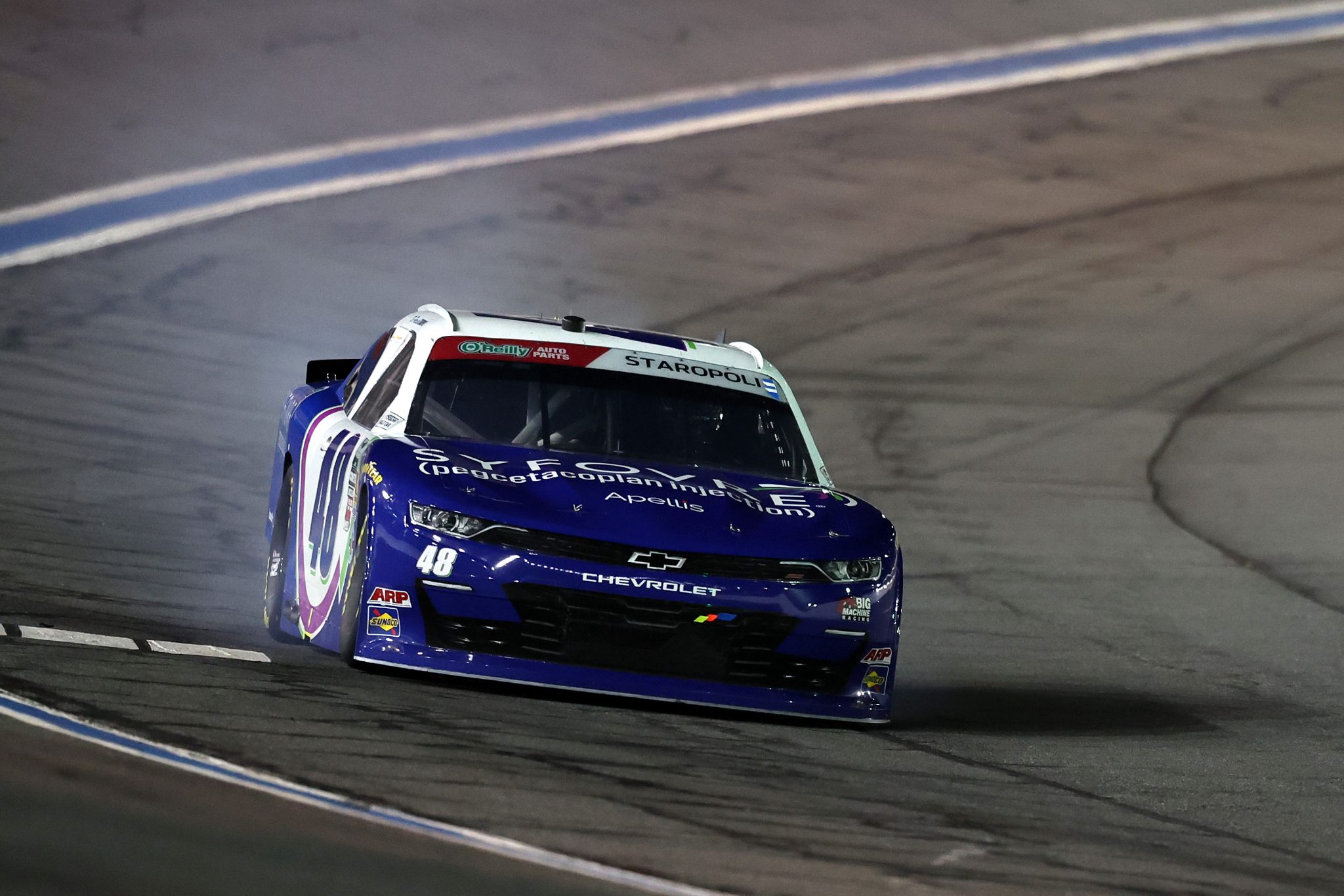 CONCORD, NORTH CAROLINA - OCTOBER 11: Patrick Staropoli, driver of the #48 Syfovre Chevrolet, drives after an on-track incident during the NASCAR O'Reilly Auto Parts Series Blue Cross NC 300 at Charlotte Motor Speedway on October 11, 2026 in Concord, North Carolina. (Photo by David Jensen/Getty Images) | Getty Images