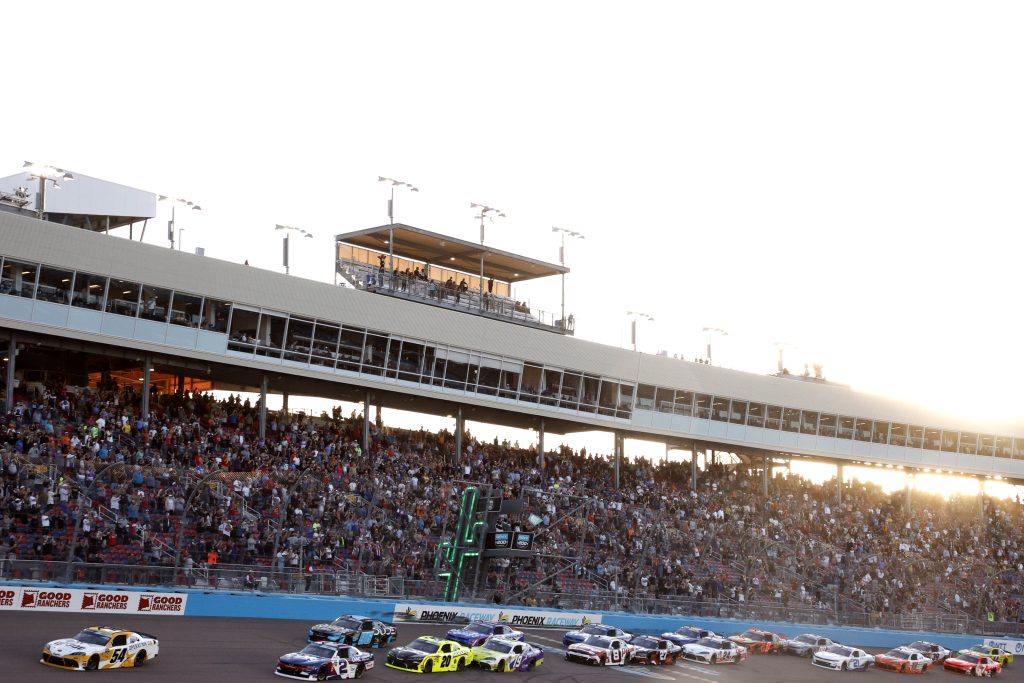 AVONDALE, ARIZONA - MARCH 07: Taylor Gray, driver of the #54 Operation 300 Toyota, leads the field to start the NASCAR O'Reilly Auto Parts Series GOVX 200 at Phoenix Raceway on March 07, 2026 in Avondale, Arizona. (Photo by Sean Gardner/Getty Images) | Getty Images