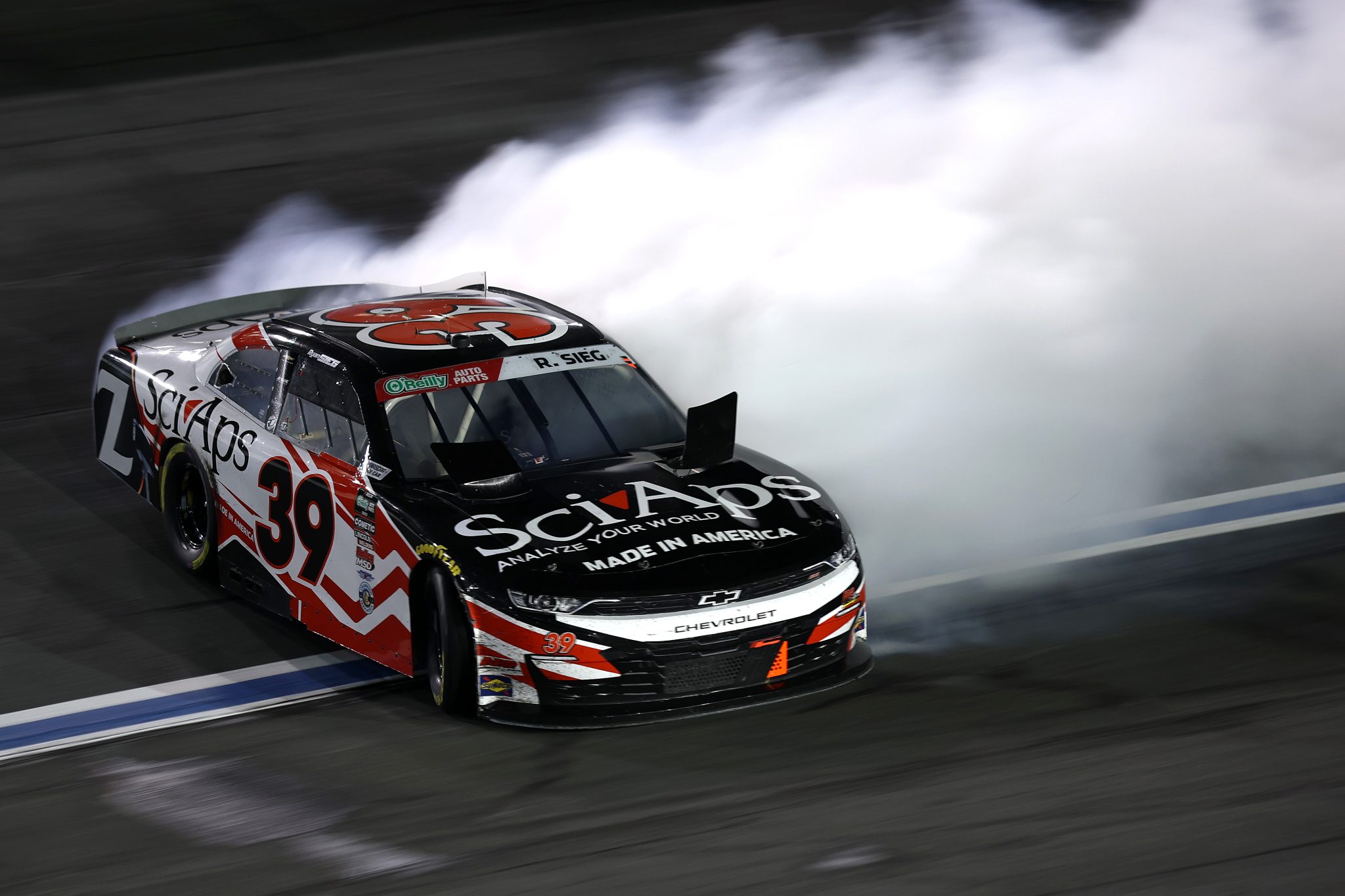CONCORD, NORTH CAROLINA - OCTOBER 11: Ryan Sieg, driver of the #39 SciAps Chevrolet, spins after an on-track incident during the NASCAR O'Reilly Auto Parts Series Blue Cross NC 300 at Charlotte Motor Speedway on October 11, 2026 in Concord, North Carolina. (Photo by Jared C. Tilton/Getty Images) | Getty Images