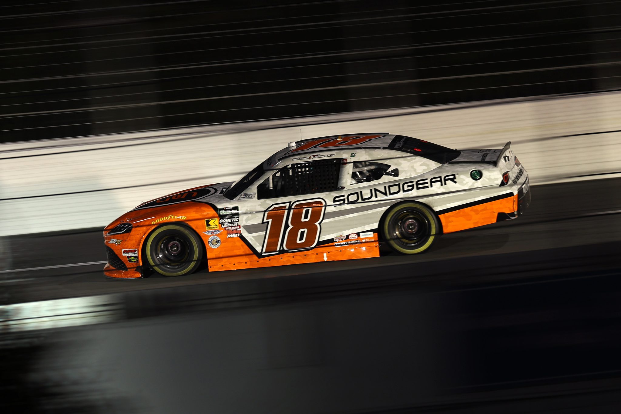 CONCORD, NORTH CAROLINA - OCTOBER 11: William Sawalich, driver of the #18 SoundGear Toyota, drives during the NASCAR O'Reilly Auto Parts Series Blue Cross NC 300 at Charlotte Motor Speedway on October 11, 2026 in Concord, North Carolina. (Photo by David Jensen/Getty Images) | Getty Images