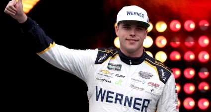 KANSAS CITY, KANSAS - APRIL 18: Blaine Perkins, driver of the #31 WERNER Chevrolet, gives a thumbs up as he walks onstage during driver intros prior to the NASCAR O'Reilly Auto Parts Series Kansas Lottery 300 at Kansas Speedway on April 18, 2026 in Kansas City, Kansas. (Photo by David Jensen/Getty Images) | Getty Images