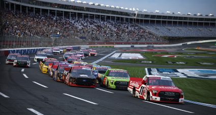 CONCORD, NORTH CAROLINA - OCTOBER 09: Kaden Honeycutt, driver of the #11 Safelite Toyota, leads the field during the NASCAR Craftsman Truck Series Ecosave 200 at Charlotte Motor Speedway on October 09, 2026 in Concord, North Carolina. (Photo by Jared C. Tilton/Getty Images) | Getty Images