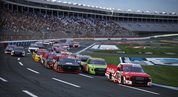 CONCORD, NORTH CAROLINA - OCTOBER 09: Kaden Honeycutt, driver of the #11 Safelite Toyota, leads the field during the NASCAR Craftsman Truck Series Ecosave 200 at Charlotte Motor Speedway on October 09, 2026 in Concord, North Carolina. (Photo by Jared C. Tilton/Getty Images) | Getty Images