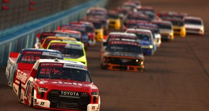 AVONDALE, ARIZONA - OCTOBER 16: Kaden Honeycutt, driver of the #11 Safelite Toyota, leads the field during the NASCAR Craftsman Truck Series Zero Carbon Bioethanol 150 Powered by POET at Phoenix Raceway on October 16, 2026 in Avondale, Arizona. (Photo by Meg Oliphant/Getty Images) | Getty Images