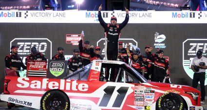 AVONDALE, ARIZONA - OCTOBER 16: Kaden Honeycutt, driver of the #11 Safelite Toyota, celebrates in victory lane after winning the NASCAR Craftsman Truck Series Zero Carbon Bioethanol 150 Powered by POET at Phoenix Raceway on October 16, 2026 in Avondale, Arizona. (Photo by Chris Graythen/Getty Images) | Getty Images
