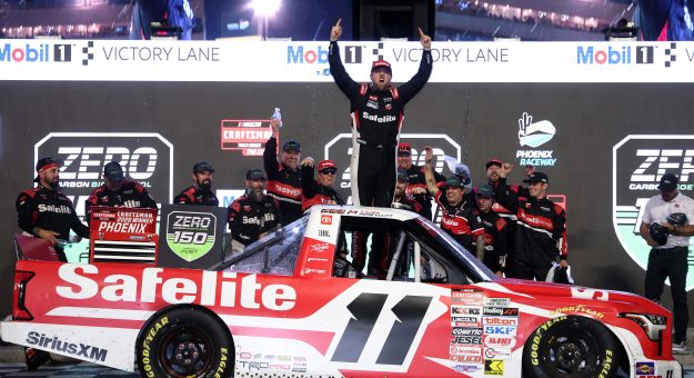 AVONDALE, ARIZONA - OCTOBER 16: Kaden Honeycutt, driver of the #11 Safelite Toyota, celebrates in victory lane after winning the NASCAR Craftsman Truck Series Zero Carbon Bioethanol 150 Powered by POET at Phoenix Raceway on October 16, 2026 in Avondale, Arizona. (Photo by Chris Graythen/Getty Images) | Getty Images