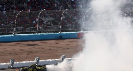 AVONDALE, ARIZONA - OCTOBER 18: Tyler Reddick, driver of the #45 ROCKSTAR ENERGY DRINK Toyota, celebrates with a burnout after winning the NASCAR Cup Series Freeway Insurance 500 at Phoenix Raceway on October 18, 2026 in Avondale, Arizona. (Photo by Chris Graythen/Getty Images) | Getty Images