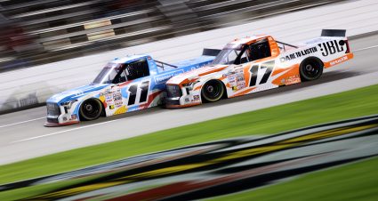 FORT WORTH, TEXAS - MAY 01: Kaden Honeycutt, driver of the #11 Safelite/Foster Love Toyota, leads Giovanni Ruggiero, driver of the #17 JBL Toyota, during the NASCAR Craftsman Truck Series SpeedyCash.com 250 at Texas Motor Speedway on May 01, 2026 in Fort Worth, Texas. (Photo by Tim Heitman/Getty Images) | Getty Images