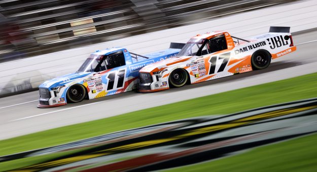 FORT WORTH, TEXAS - MAY 01: Kaden Honeycutt, driver of the #11 Safelite/Foster Love Toyota, leads Giovanni Ruggiero, driver of the #17 JBL Toyota, during the NASCAR Craftsman Truck Series SpeedyCash.com 250 at Texas Motor Speedway on May 01, 2026 in Fort Worth, Texas. (Photo by Tim Heitman/Getty Images) | Getty Images