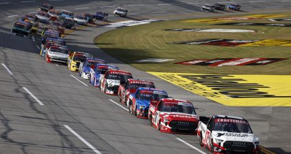TALLADEGA, ALABAMA - OCTOBER 17: Giovanni Ruggiero, driver of the #17 First Auto Group Toyota, leads the field to start the NASCAR Craftsman Truck Series Love's RV Stop 225 at Talladega Superspeedway on October 17, 2025 in Talladega, Alabama. (Photo by Sean Gardner/Getty Images) | Getty Images