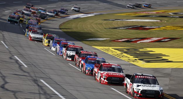 TALLADEGA, ALABAMA - OCTOBER 17: Giovanni Ruggiero, driver of the #17 First Auto Group Toyota, leads the field to start the NASCAR Craftsman Truck Series Love's RV Stop 225 at Talladega Superspeedway on October 17, 2025 in Talladega, Alabama. (Photo by Sean Gardner/Getty Images) | Getty Images