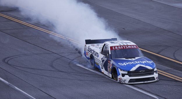 TALLADEGA, ALABAMA - OCTOBER 23: Sammy Smith, driver of the #7 Spectrum Chevrolet, celebrates with a burnout after winning the NASCAR Craftsman Truck Series Love's RV Stop 225 at Talladega Superspeedway on October 23, 2026 in Talladega, Alabama. (Photo by Sean Gardner/Getty Images) | Getty Images