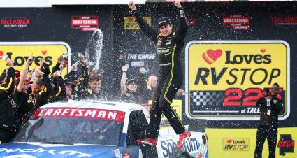 TALLADEGA, ALABAMA - OCTOBER 23: Sammy Smith, driver of the #7 Spectrum Chevrolet, celebrates with the team after winning the NASCAR Craftsman Truck Series Love's RV Stop 225 at Talladega Superspeedway on October 23, 2026 in Talladega, Alabama. (Photo by Karl Anderson/Getty Images) | Getty Images