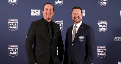 CHARLOTTE, NORTH CAROLINA - JANUARY 23: NASCAR Cup Series driver, Kyle Busch (L) and and brother, 2026 NASCAR Hall of Fame inductee Kurt Busch pose for photos on the red carpet prior to the NASCAR Hall of Fame Induction Ceremony at Charlotte Convention Center on January 23, 2026 in Charlotte, North Carolina. (Photo by David Jensen/Getty Images)