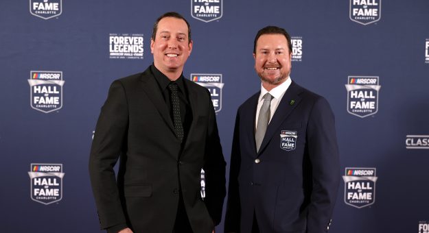 CHARLOTTE, NORTH CAROLINA - JANUARY 23: NASCAR Cup Series driver, Kyle Busch (L) and and brother, 2026 NASCAR Hall of Fame inductee Kurt Busch pose for photos on the red carpet prior to the NASCAR Hall of Fame Induction Ceremony at Charlotte Convention Center on January 23, 2026 in Charlotte, North Carolina. (Photo by David Jensen/Getty Images)