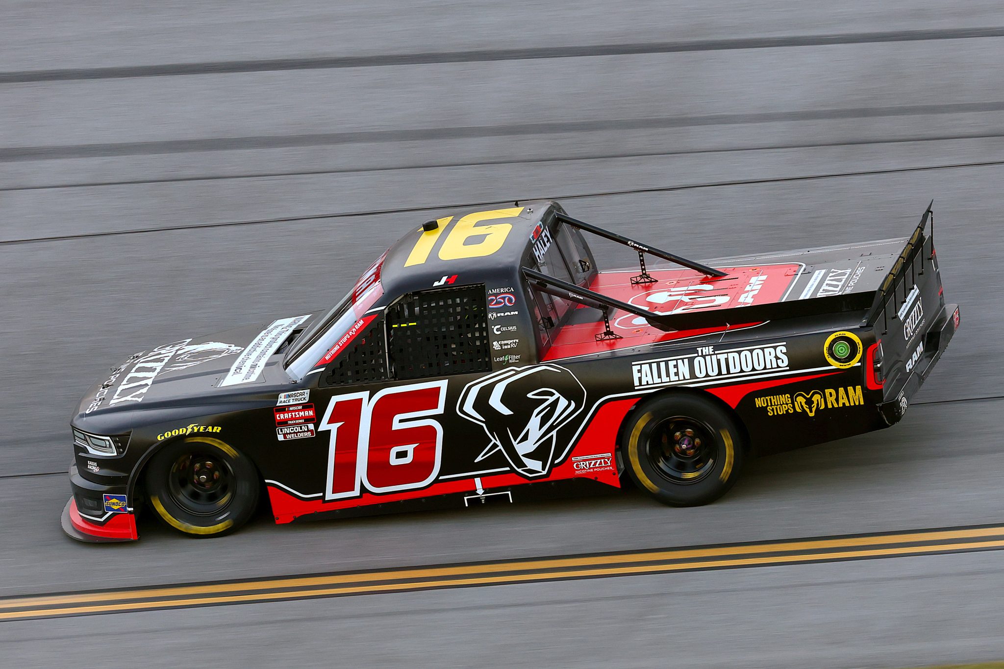 TALLADEGA, ALABAMA - OCTOBER 23: Justin Haley, driver of the #16 Grizzly Nicotine Pouches RAM, drives during the NASCAR Craftsman Truck Series Love's RV Stop 225 at Talladega Superspeedway on October 23, 2026 in Talladega, Alabama. (Photo by Karl Anderson/Getty Images) | Getty Images