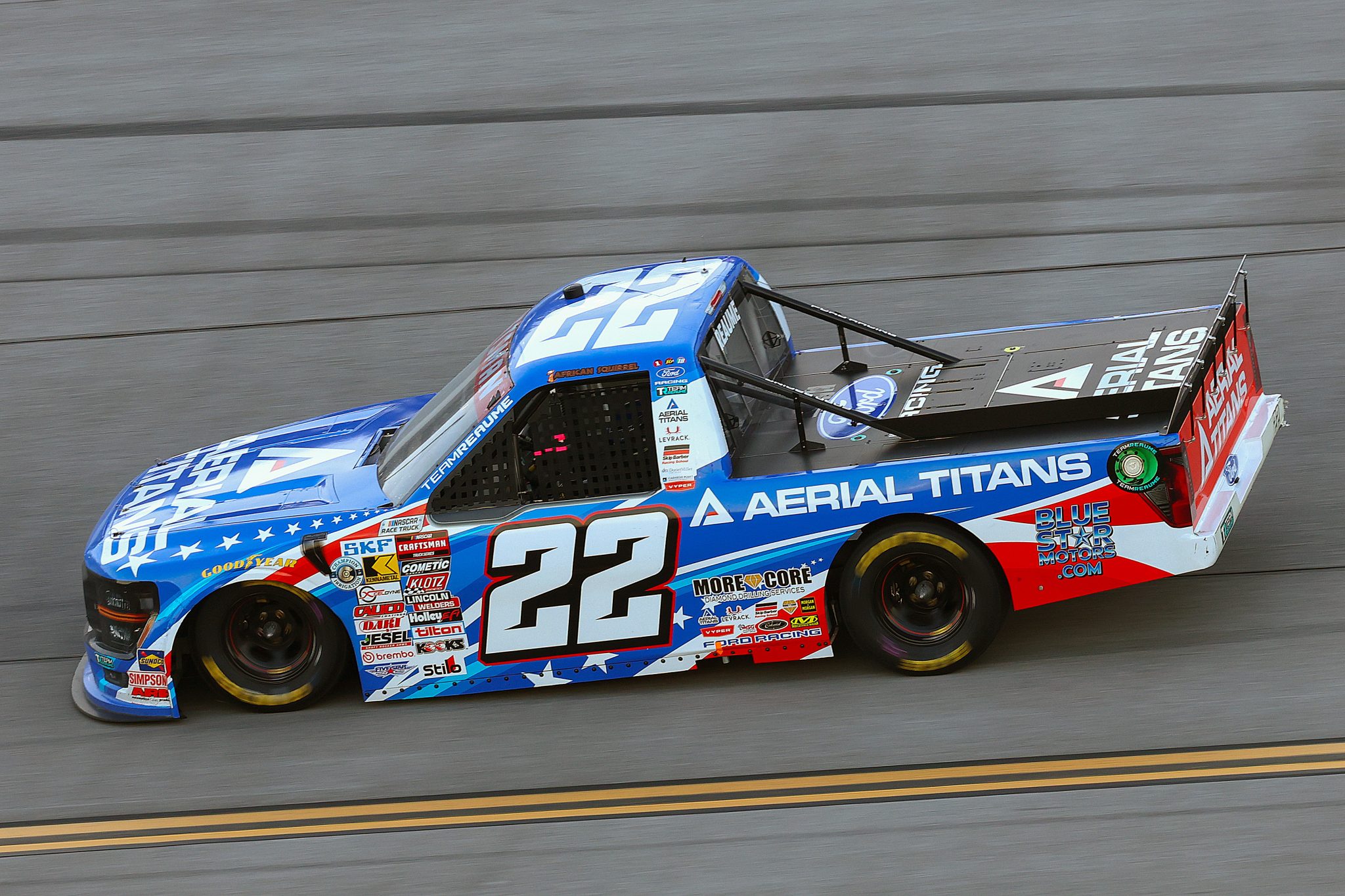 TALLADEGA, ALABAMA - OCTOBER 23: Josh Reaume, driver of the #22 Aerial Titans Ford, drives during the NASCAR Craftsman Truck Series Love's RV Stop 225 at Talladega Superspeedway on October 23, 2026 in Talladega, Alabama. (Photo by Karl Anderson/Getty Images) | Getty Images