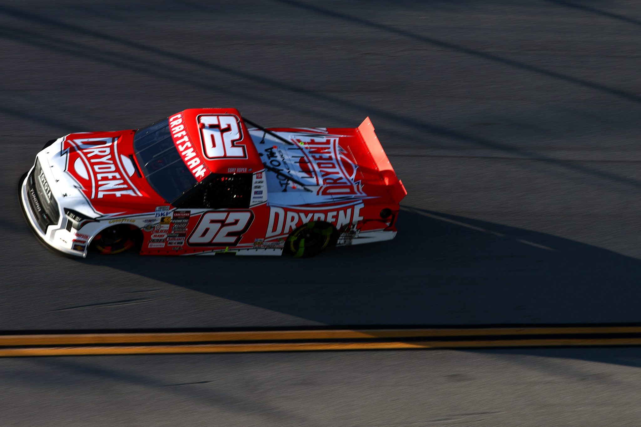 TALLADEGA, ALABAMA - OCTOBER 23: Cory Roper, driver of the #62 Drydene Toyota, drives during the NASCAR Craftsman Truck Series Love's RV Stop 225 at Talladega Superspeedway on October 23, 2026 in Talladega, Alabama. (Photo by Karl Anderson/Getty Images) | Getty Images