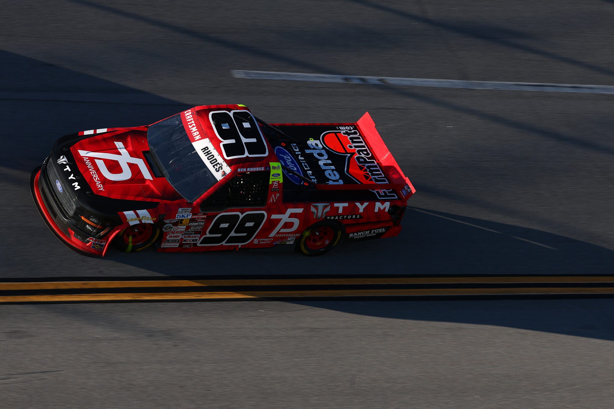 TALLADEGA, ALABAMA - OCTOBER 23: Ben Rhodes, driver of the #99 TYM Ford, drives during the NASCAR Craftsman Truck Series Love's RV Stop 225 at Talladega Superspeedway on October 23, 2026 in Talladega, Alabama. (Photo by Karl Anderson/Getty Images) | Getty Images