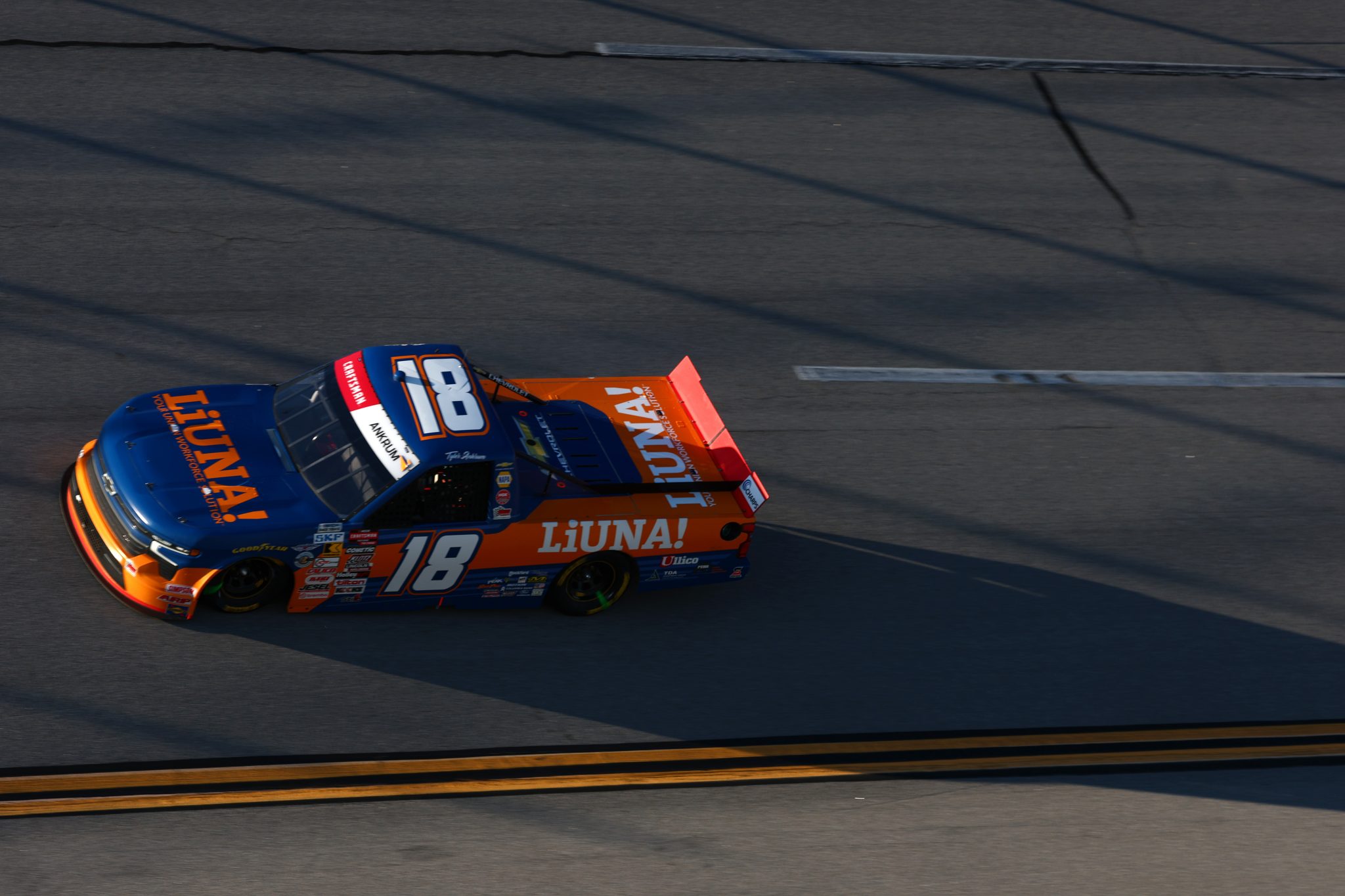 TALLADEGA, ALABAMA - OCTOBER 23: Tyler Ankrum, driver of the #18 LIUNA Chevrolet, drives during the NASCAR Craftsman Truck Series Love's RV Stop 225 at Talladega Superspeedway on October 23, 2026 in Talladega, Alabama. (Photo by Karl Anderson/Getty Images) | Getty Images