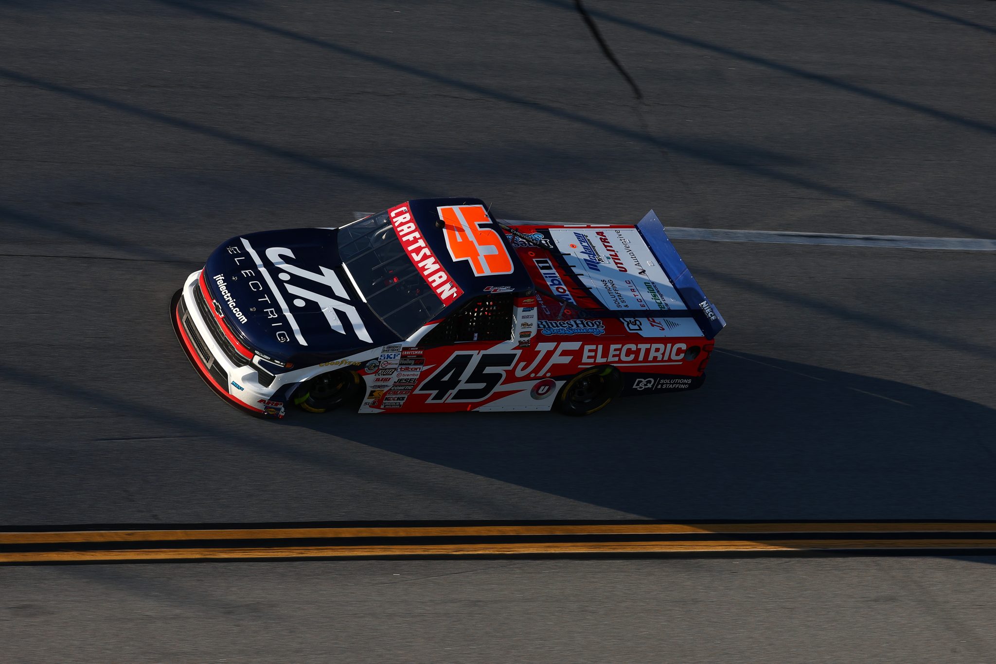 TALLADEGA, ALABAMA - OCTOBER 23: Landen Lewis, driver of the #45 J.F. Electric/Utilitra Chevrolet, drives during the NASCAR Craftsman Truck Series Love's RV Stop 225 at Talladega Superspeedway on October 23, 2026 in Talladega, Alabama. (Photo by Karl Anderson/Getty Images) | Getty Images