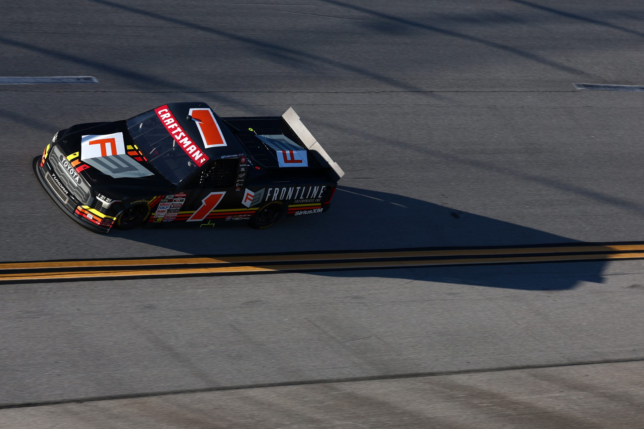 TALLADEGA, ALABAMA - OCTOBER 23: Corey Heim, driver of the #1 Frontline Enterprises Toyota, drives during the NASCAR Craftsman Truck Series Love's RV Stop 225 at Talladega Superspeedway on October 23, 2026 in Talladega, Alabama. (Photo by Karl Anderson/Getty Images) | Getty Images