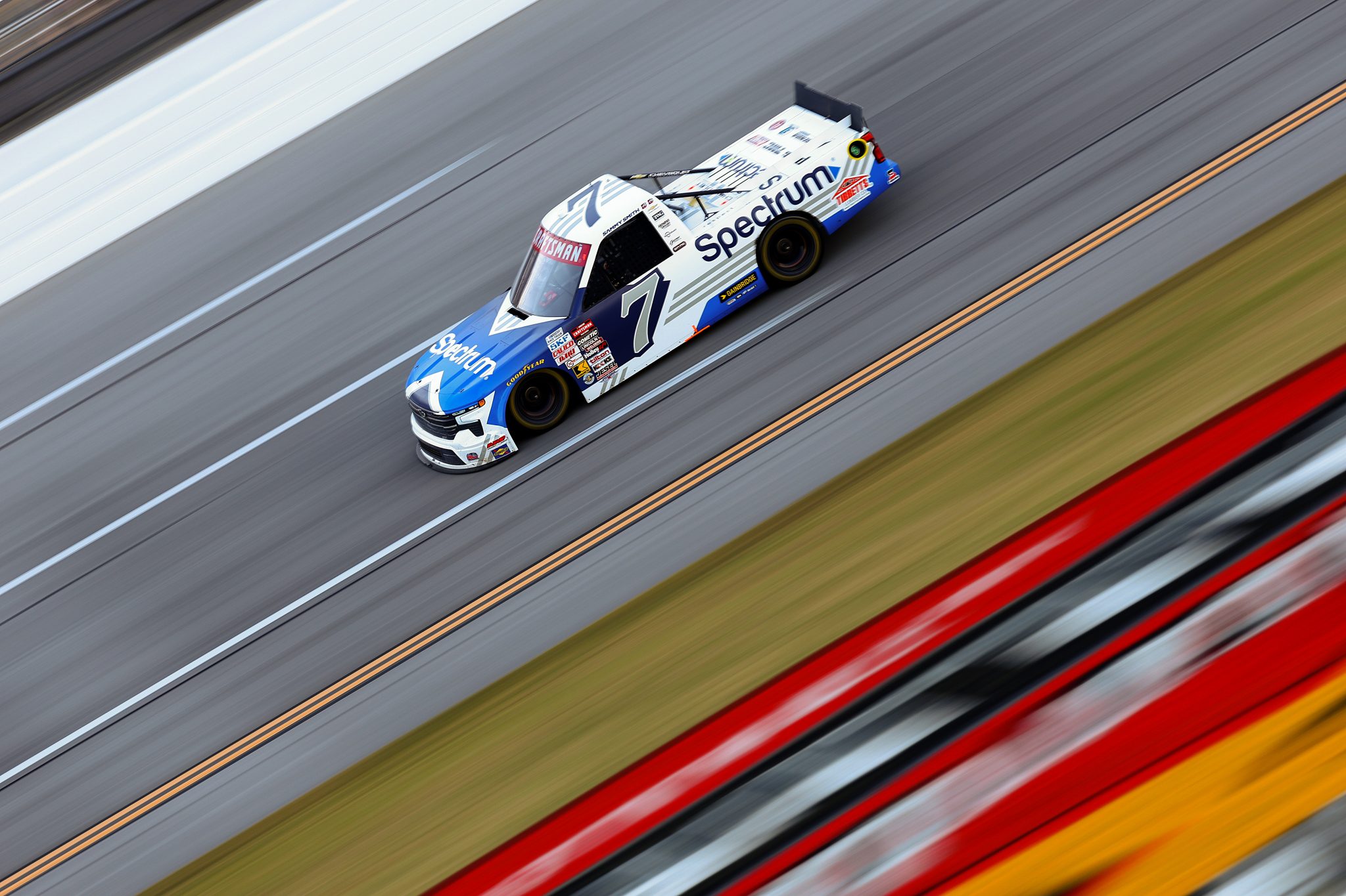 TALLADEGA, ALABAMA - OCTOBER 23: Sammy Smith, driver of the #7 Spectrum Chevrolet, drives during the NASCAR Craftsman Truck Series Love's RV Stop 225 at Talladega Superspeedway on October 23, 2026 in Talladega, Alabama. (Photo by Karl Anderson/Getty Images) | Getty Images