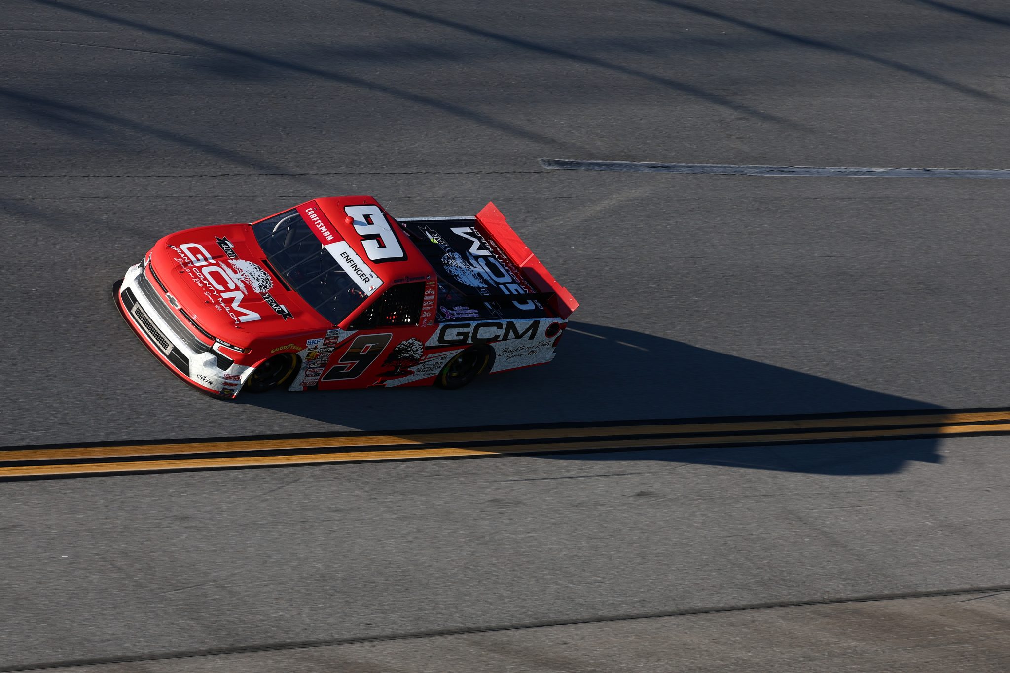 TALLADEGA, ALABAMA - OCTOBER 23: Grant Enfinger, driver of the #9 Grant County Mulch Chevrolet, drives during the NASCAR Craftsman Truck Series Love's RV Stop 225 at Talladega Superspeedway on October 23, 2026 in Talladega, Alabama. (Photo by Karl Anderson/Getty Images) | Getty Images