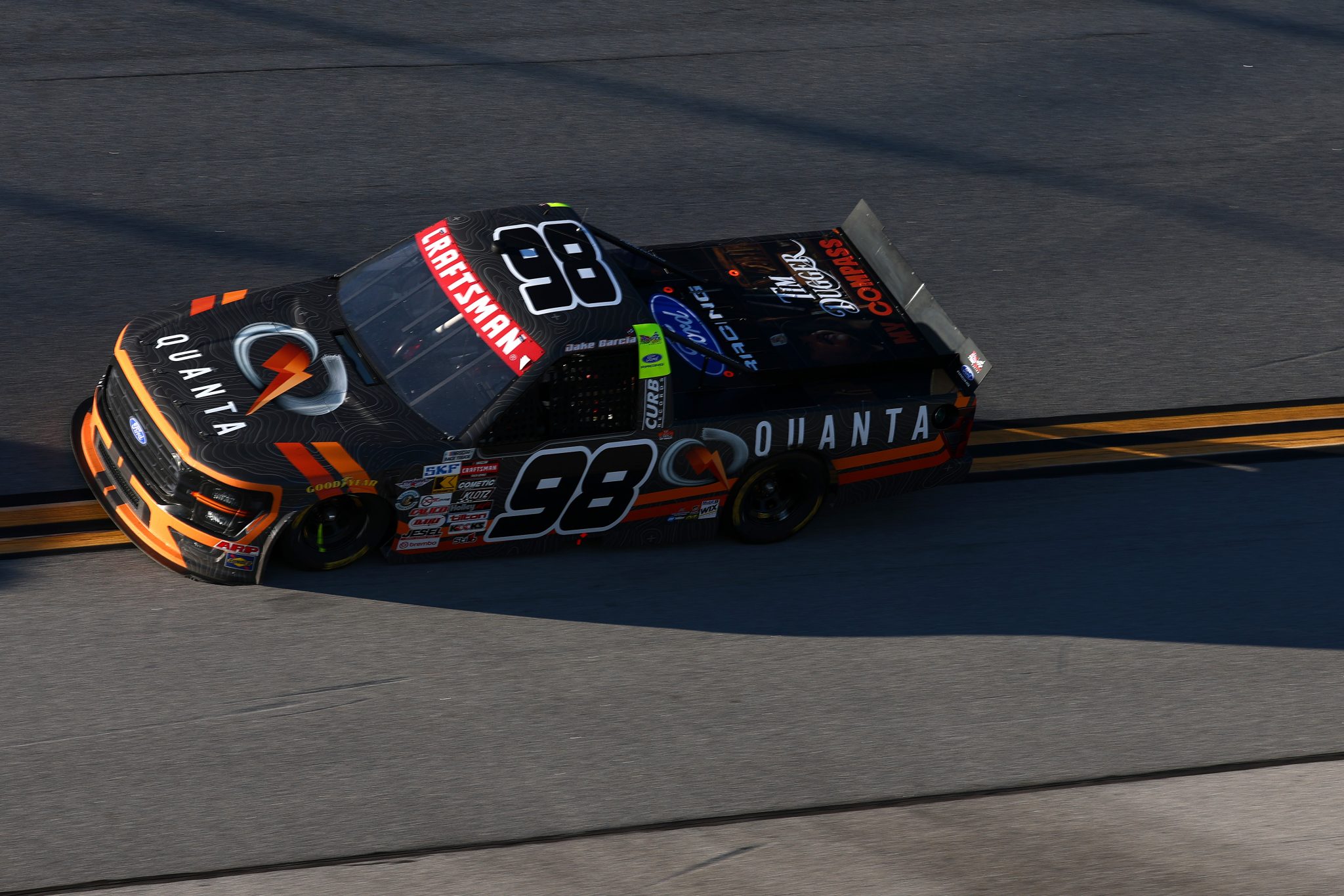 TALLADEGA, ALABAMA - OCTOBER 23: Jake Garcia, driver of the #98 Quanta/ Curb Records Ford, drives during the NASCAR Craftsman Truck Series Love's RV Stop 225 at Talladega Superspeedway on October 23, 2026 in Talladega, Alabama. (Photo by Karl Anderson/Getty Images) | Getty Images