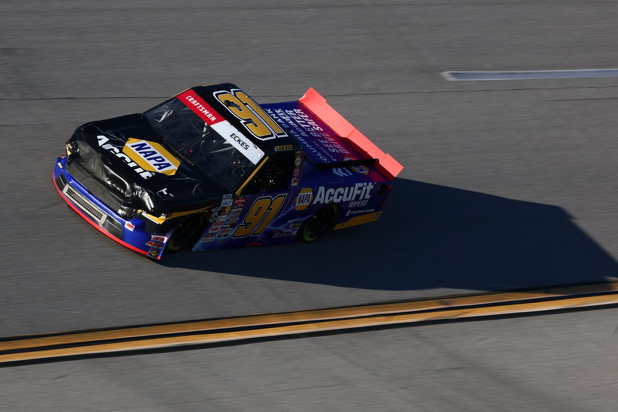 TALLADEGA, ALABAMA - OCTOBER 23: Christian Eckes, driver of the #91 NAPA AccuFit Chevrolet, drives during the NASCAR Craftsman Truck Series Love's RV Stop 225 at Talladega Superspeedway on October 23, 2026 in Talladega, Alabama. (Photo by Karl Anderson/Getty Images) | Getty Images