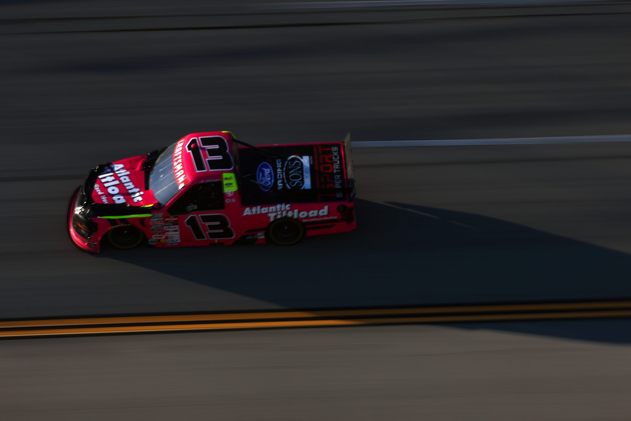 TALLADEGA, ALABAMA - OCTOBER 23: Cole Butcher, driver of the #13 Atlantic Tilt Load Ford, drives during the NASCAR Craftsman Truck Series Love's RV Stop 225 at Talladega Superspeedway on October 23, 2026 in Talladega, Alabama. (Photo by Karl Anderson/Getty Images) | Getty Images