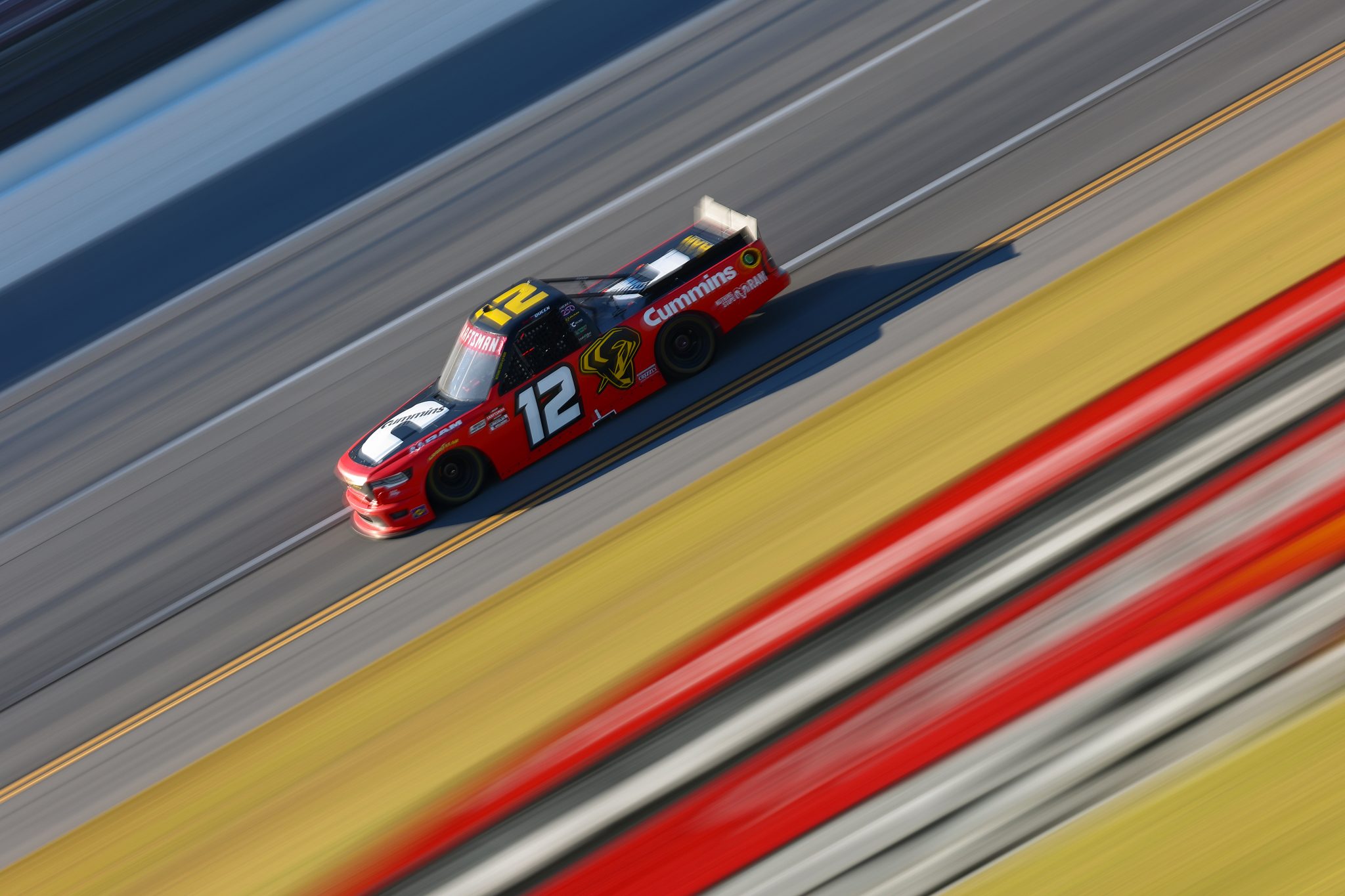 TALLADEGA, ALABAMA - OCTOBER 23: Brenden Queen, driver of the #12 Cummins RAM, drives during the NASCAR Craftsman Truck Series Love's RV Stop 225 at Talladega Superspeedway on October 23, 2026 in Talladega, Alabama. (Photo by Karl Anderson/Getty Images) | Getty Images