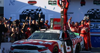 TALLADEGA, ALABAMA - OCTOBER 24: Sammy Smith, driver of the #8 Pilot Chevrolet, celebrates in victory lane after winning the NASCAR O'Reilly Auto Parts Series The Progress Group 250 at Talladega Superspeedway on October 24, 2026 in Talladega, Alabama. (Photo by Karl Anderson/Getty Images) | Getty Images