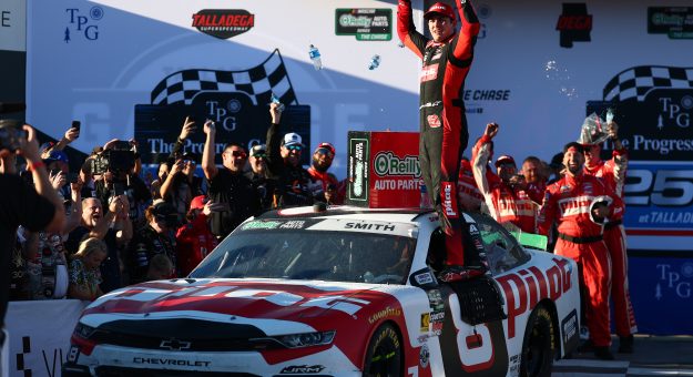 TALLADEGA, ALABAMA - OCTOBER 24: Sammy Smith, driver of the #8 Pilot Chevrolet, celebrates in victory lane after winning the NASCAR O'Reilly Auto Parts Series The Progress Group 250 at Talladega Superspeedway on October 24, 2026 in Talladega, Alabama. (Photo by Karl Anderson/Getty Images) | Getty Images