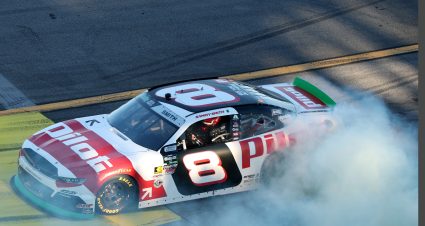 TALLADEGA, ALABAMA - OCTOBER 24: Sammy Smith, driver of the #8 Pilot Chevrolet, celebrates with a burnout after winning the NASCAR O'Reilly Auto Parts Series The Progress Group 250 at Talladega Superspeedway on October 24, 2026 in Talladega, Alabama. (Photo by Scott Taetsch/Getty Images) | Getty Images