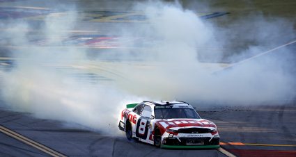TALLADEGA, ALABAMA - OCTOBER 24: Sammy Smith, driver of the #8 Pilot Chevrolet, celebrates with a burnout after winning the NASCAR O'Reilly Auto Parts Series The Progress Group 250 at Talladega Superspeedway on October 24, 2026 in Talladega, Alabama. (Photo by Sean Gardner/Getty Images)