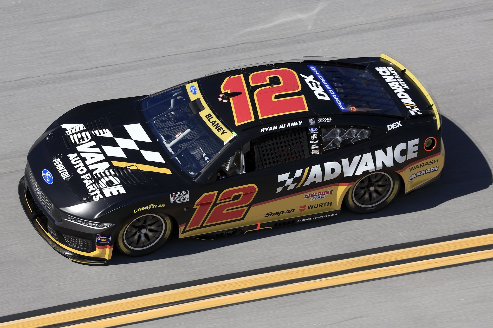 TALLADEGA, ALABAMA - OCTOBER 24: Ryan Blaney, driver of the #12 Advance Auto Parts Ford, drives during qualifying for the NASCAR Cup Series YellaWood 500 at Talladega Superspeedway on October 24, 2026 in Talladega, Alabama. (Photo from Team Penske)