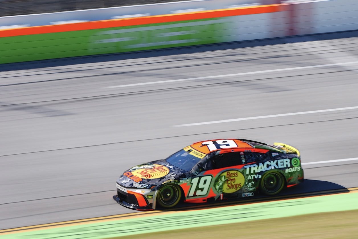TALLADEGA, ALABAMA - OCTOBER 24: Chase Briscoe, driver of the #19 Bass Pro Shops Toyota, drives during qualifying for the NASCAR Cup Series YellaWood 500 at Talladega Superspeedway on October 24, 2026 in Talladega, Alabama. (Photo from Joe Gibbs Racing)