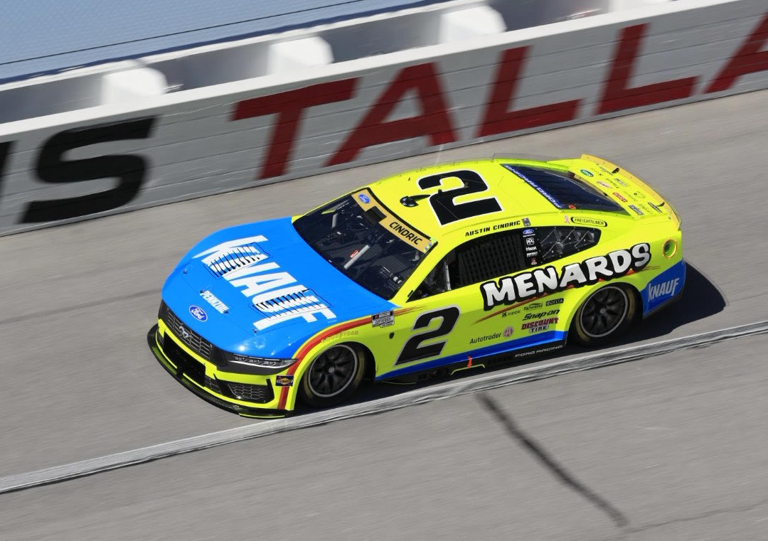 TALLADEGA, ALABAMA - OCTOBER 25: Austin Cindric, driver of the #2 Menards / Knauf Ford, drives during the NASCAR Cup Series YellaWood 500 at Talladega Superspeedway on October 25, 2026 in Talladega, Alabama. (Photo from Team Penske)